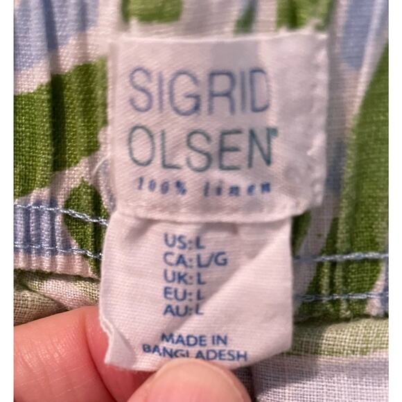 Sigrid Olsen 100% Linen Wide Leg Pants Large Green Tropical Beach Airy Resort - Picture 5 of 8